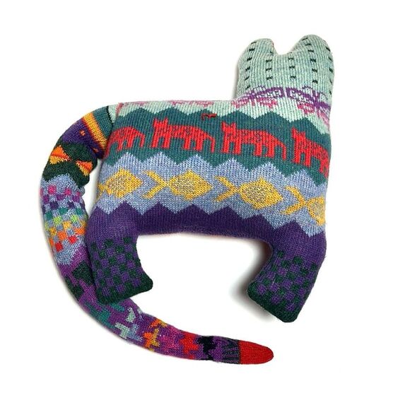 Pair of Vintage 1986 Handloomed Stuffed Cat Shaped Wool Pillows New Excellent - Picture 6 of 15
